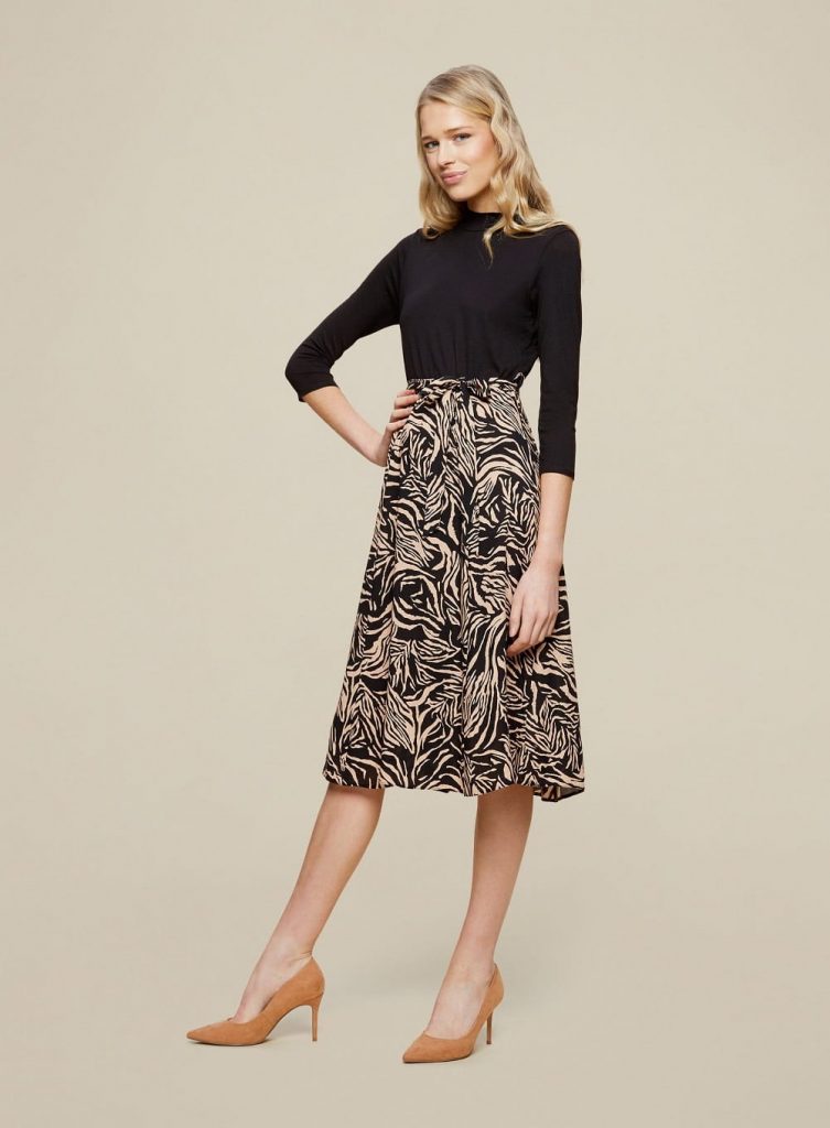 Ziara Print Long Sleeve Midi Dress Black